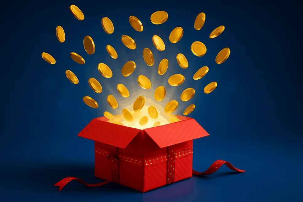 Rote Geschenkbox mit leuchtenden Goldmünzen als Casino-Bonus